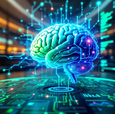 A glowing 3D digital brain with neural connections and circuitry, displayed above a high-tech interface in a futuristic environment, symbolizing artificial intelligence and machine learning."