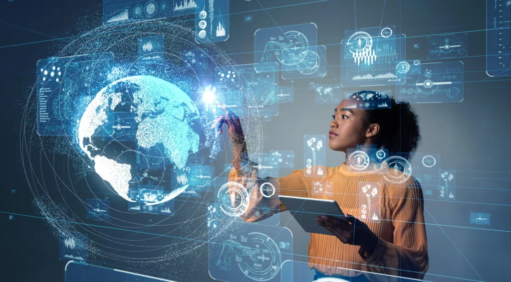 A woman holding a tablet interacts with a glowing digital globe and floating data interfaces, symbolizing global technology and analytics.