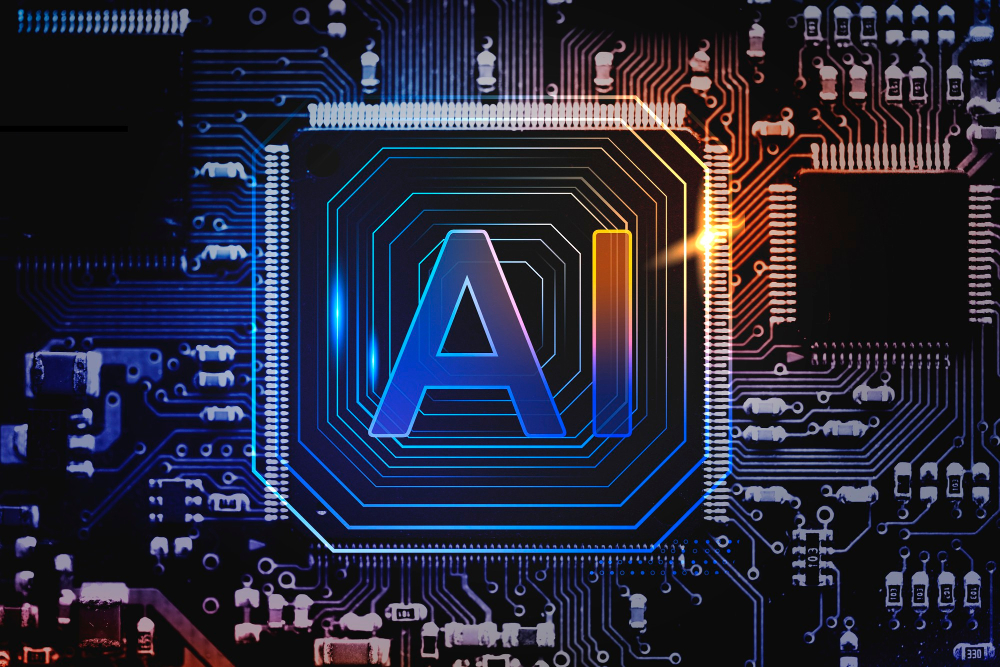A glowing AI microchip embedded on a dark circuit board, symbolizing artificial intelligence technology integrated into hardware systems.