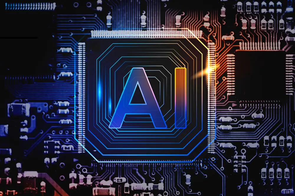 A glowing AI microchip embedded on a dark circuit board, symbolizing artificial intelligence technology integrated into hardware systems.
