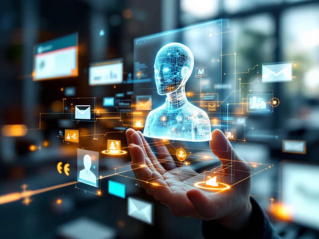 A human hand is extended upward, holding a glowing, holographic interface featuring a wireframe digital avatar or AI figure. Surrounding the avatar are various floating data icons, such as email envelopes, graphs, user profiles, and analytics symbols, all connected by illuminated lines and nodes. The background is blurred, suggesting a modern office or tech environment. The image conveys themes of artificial intelligence, digital identity, data management, and futuristic technology interaction
