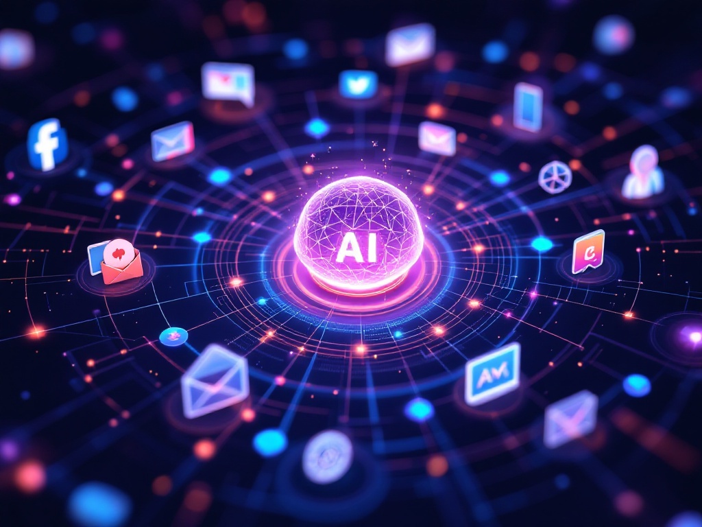 A glowing purple sphere labeled "AI" is at the center of a digital network, symbolizing artificial intelligence. The sphere is surrounded by various floating app icons, such as email, chat, social media (e.g., Facebook), and multimedia, all interconnected by neon circuits and data lines. The background is dark with vibrant, futuristic colors and light effects, conveying a high-tech, digital ecosystem