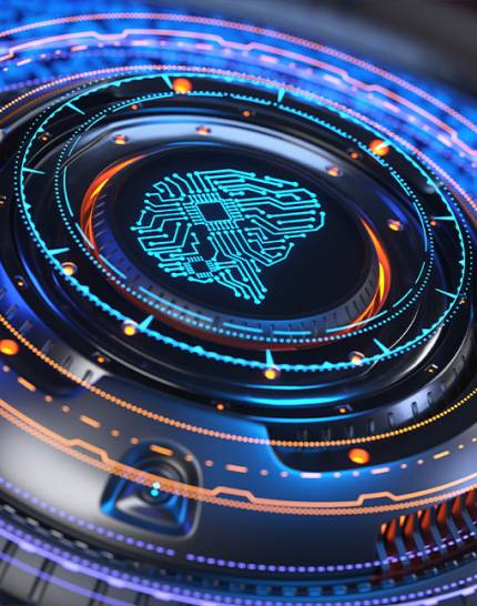 Futuristic digital interface displaying AI brain and circular circuit patterns.