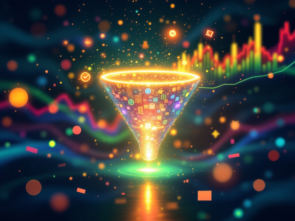 A glowing digital funnel filled with colorful app icons and symbols, representing data being filtered or processed. The background features vibrant data visualizations, including bar graphs and waveforms, symbolizing analytics, machine learning, or digital marketing conversion.