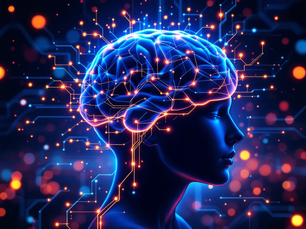 A digital illustration of a human profile with a glowing brain composed of interconnected neural-like circuits, symbolizing artificial intelligence, neural networks, or cognitive computing. The background is dark with bokeh light effects and glowing circuit patterns, giving a futuristic and high-tech feel