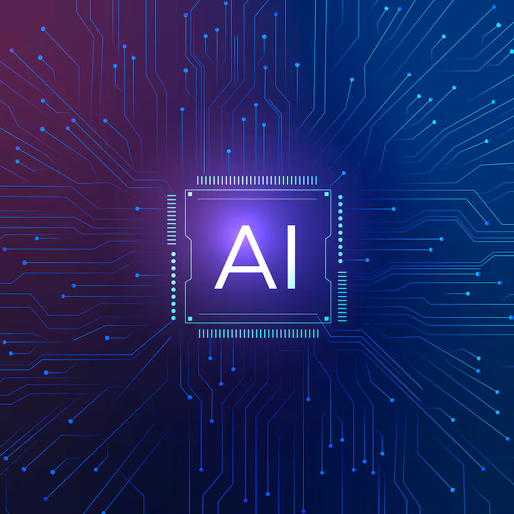 A glowing AI chip at the center of a digital circuit board with neon blue and purple lines radiating outward, representing artificial intelligence and technology integration.