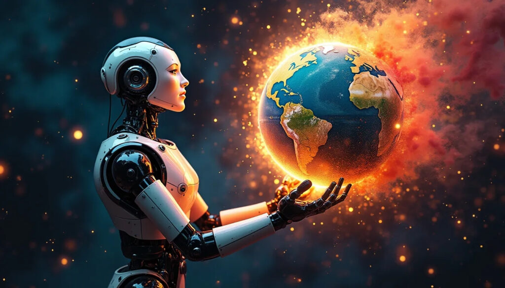 A humanoid robot holding a glowing, fiery Earth with both hands, symbolizing artificial intelligence's impact on the planet. The background is dark with floating embers, giving a dramatic and futuristic atmosphere.