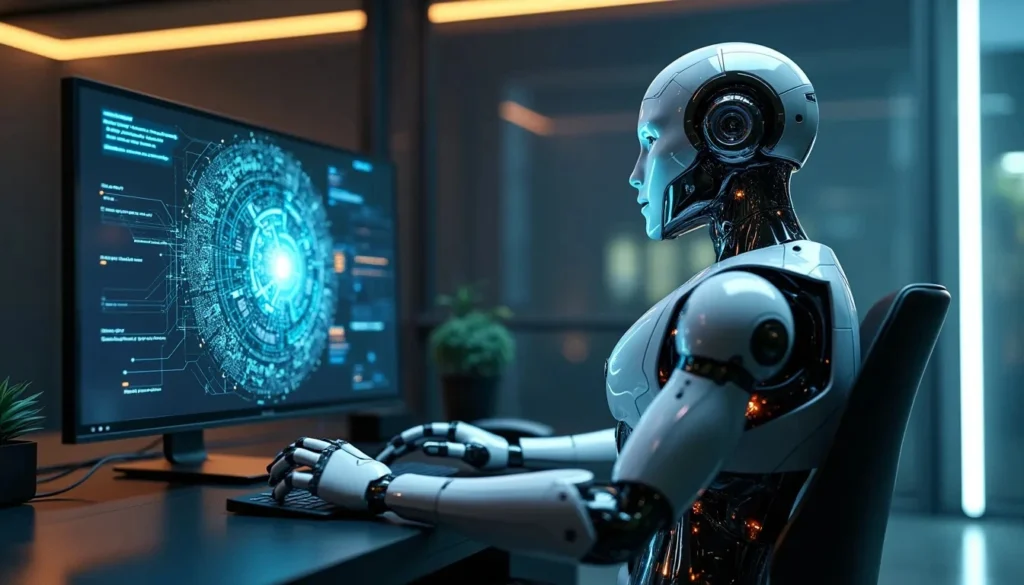 A humanoid robot with a sleek, futuristic design is seated at a desk, interacting with a large computer monitor. The screen displays a complex, glowing blue digital interface resembling a neural network or data matrix. The setting appears to be a high-tech office or lab, dimly lit with a modern ambiance. The robot is focused on the screen, suggesting advanced AI capabilities in data analysis or system monitoring