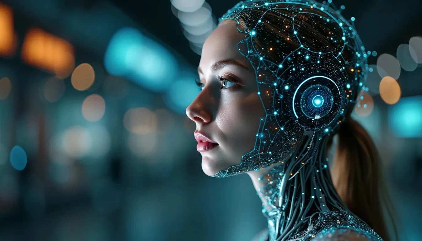 Futuristic female humanoid with integrated circuits and glowing blue neural network nodes in a digital environment