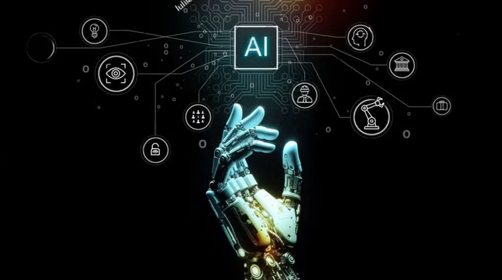Robotic hand reaching towards AI, surrounded by technology-related Valor Promotions' leads icons.