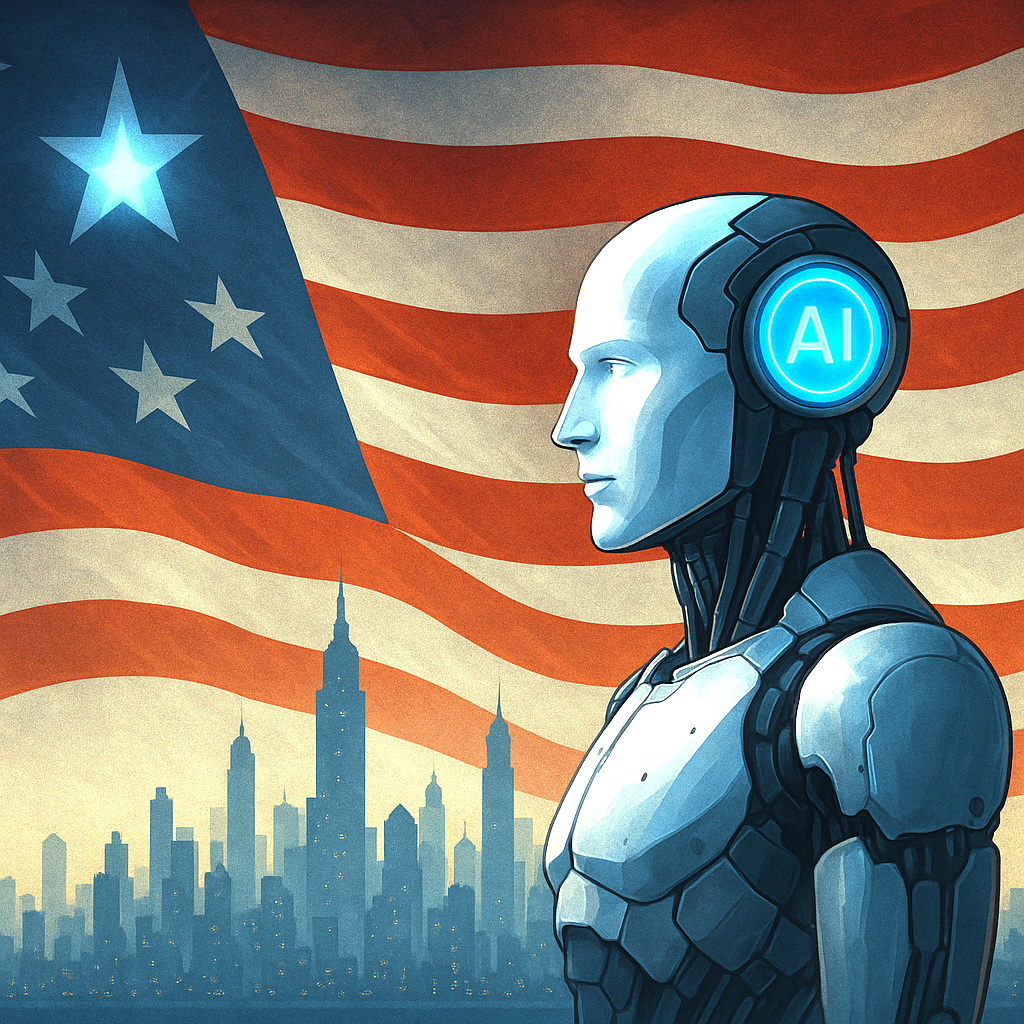 AI Agent Valor & a cityscape shadowed onto an American flag.