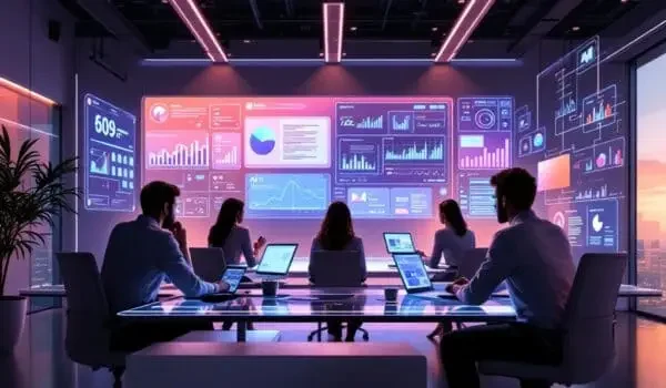 Business team in a high-tech conference room analyzing data on large digital dashboards with laptops, during sunset